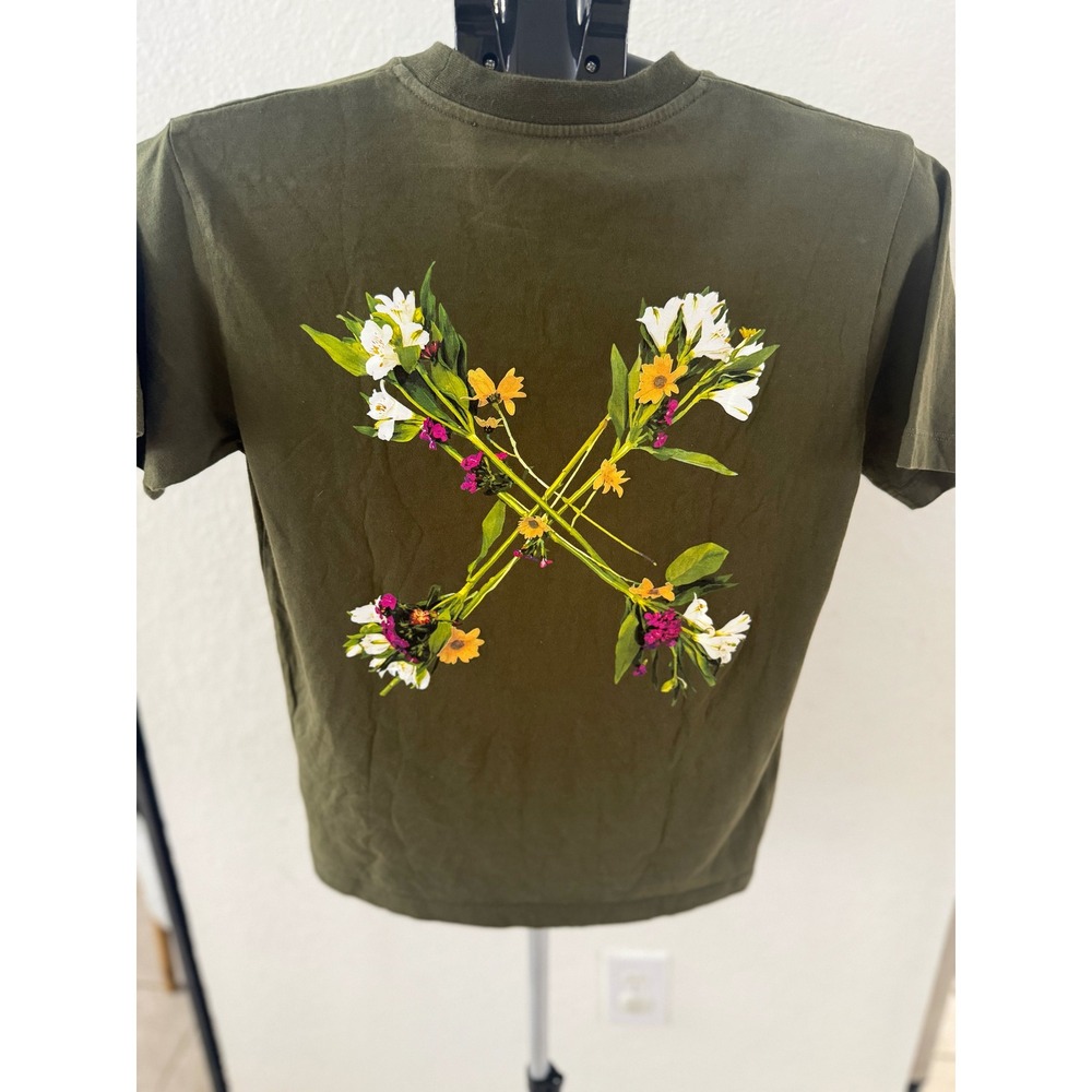 Off-White Floral Arrows Logo T-Shirt Olive Green Virgil Abloh Made in Italy XS‎